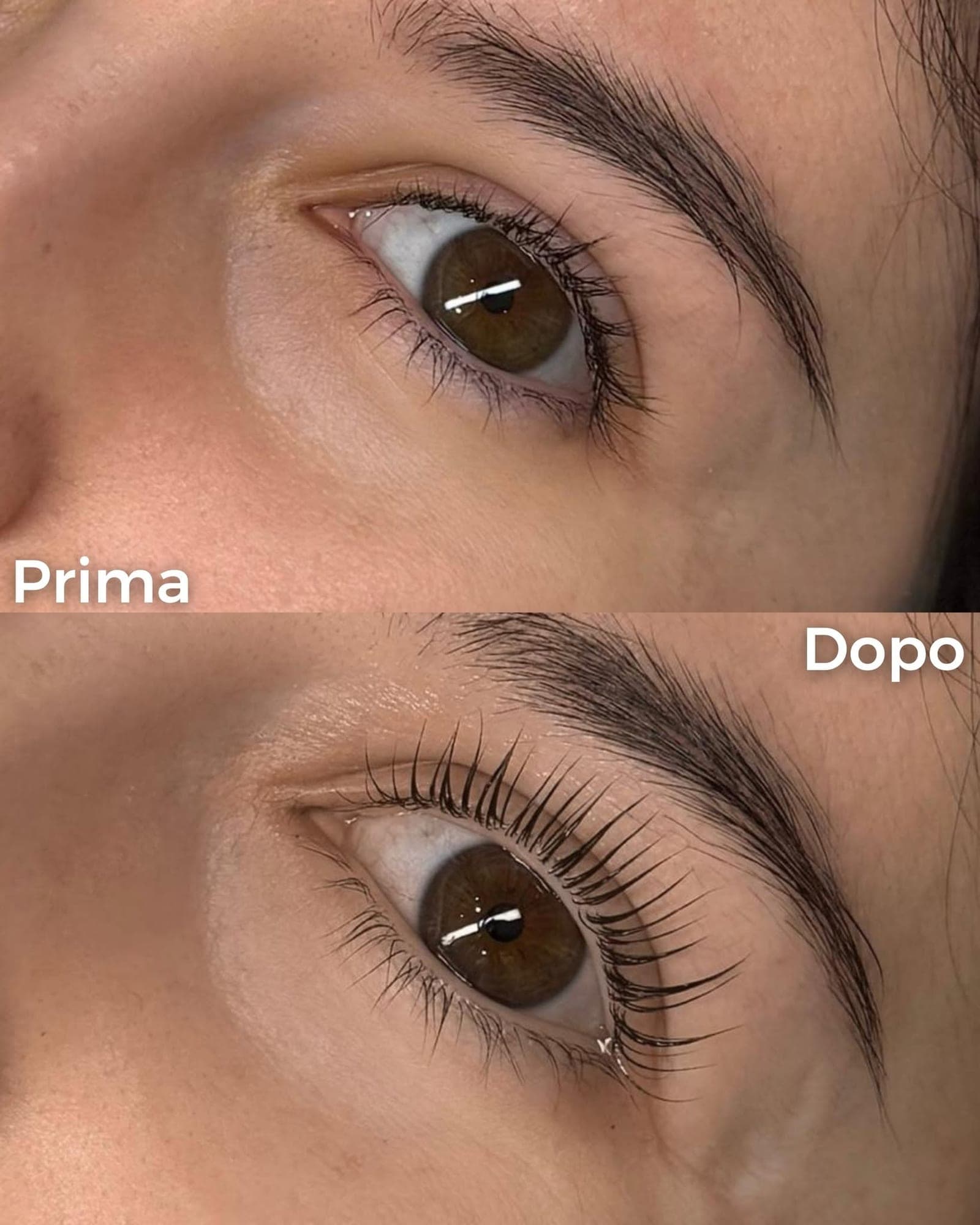 Sguardo chiuso prima, ciglia sollevate ed effetto glassy dopo la laminazione coreana