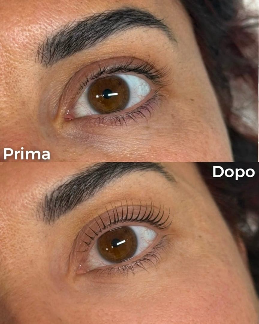 Ciglia dritte prima, sollevate e curve dopo la laminazione coreana