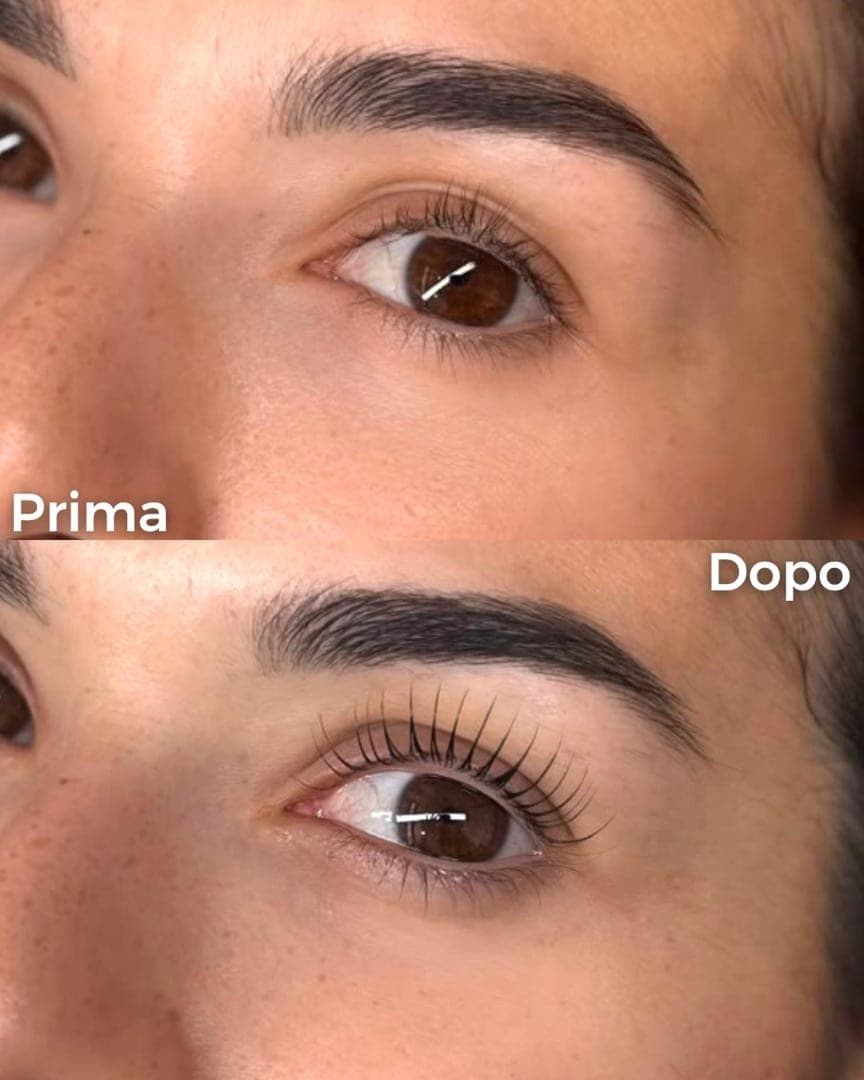 Ciglia appiattite prima, con curva e volume dopo la laminazione coreana